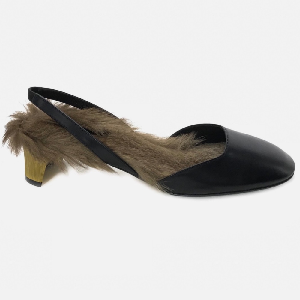 GUCCI Leather Arielle Gold Heel Fur Lined Pumps - Picture 7 of 11